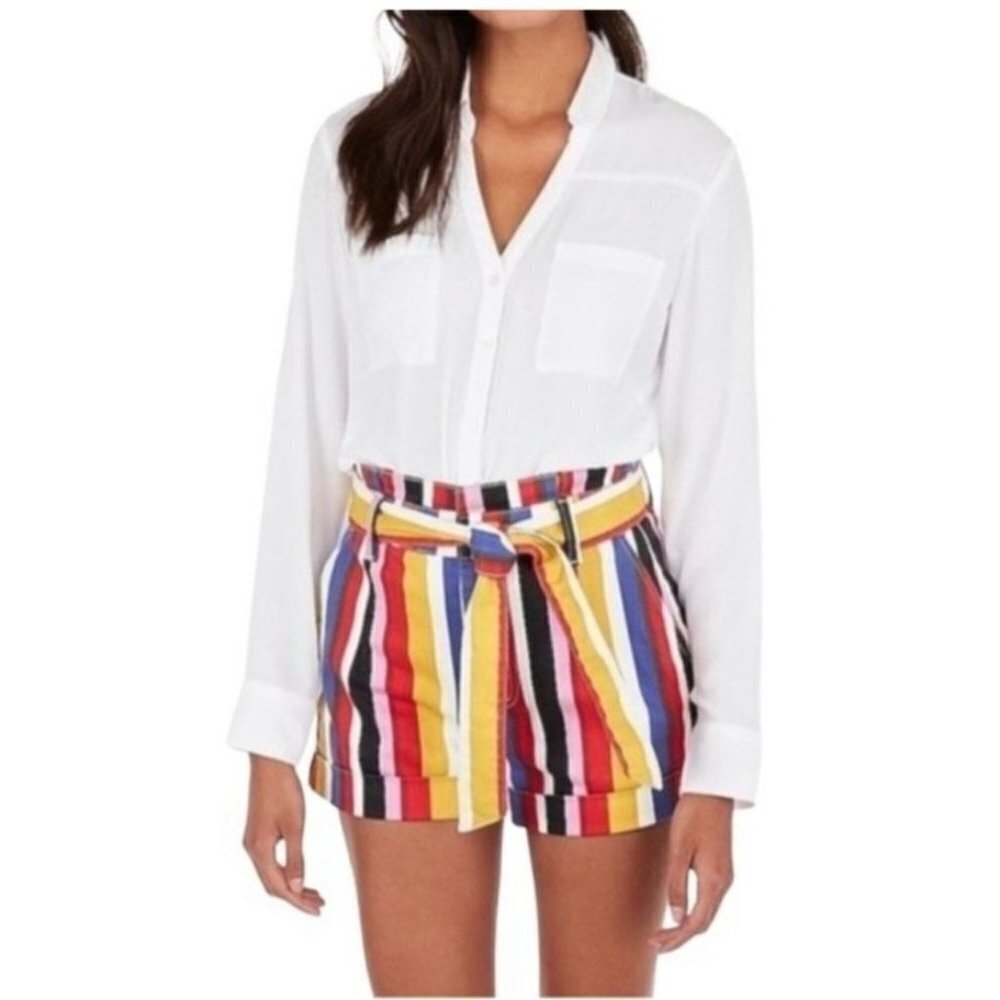 Express Rainbow High-Rise Paperbag Size 8 Belted Striped Tie Shorts
